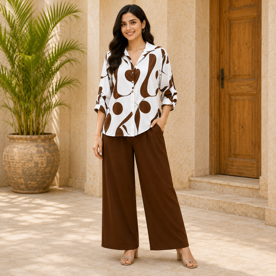 Elegant Abstract Print Shirt & Wide-Leg Pants Set