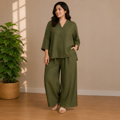 Elegant Black Kaftan Top & Wide-Leg Pants Set