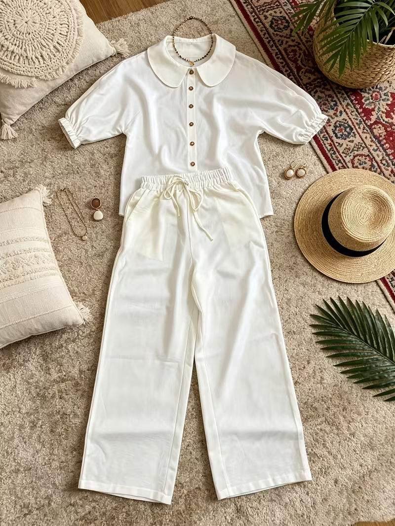 Women's Peter Pan Collar 2-Piece Co-Ord Set | Elegant Shirt & Wide-Leg Pants
