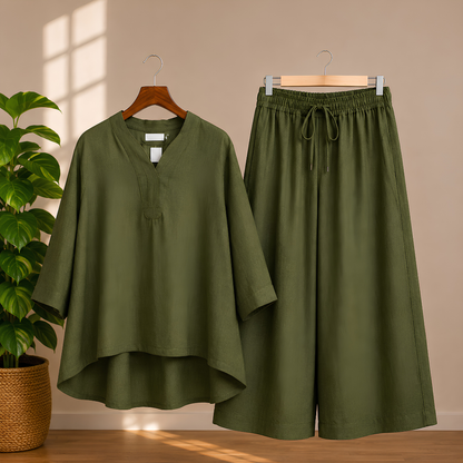 Elegant Black Kaftan Top & Wide-Leg Pants Set