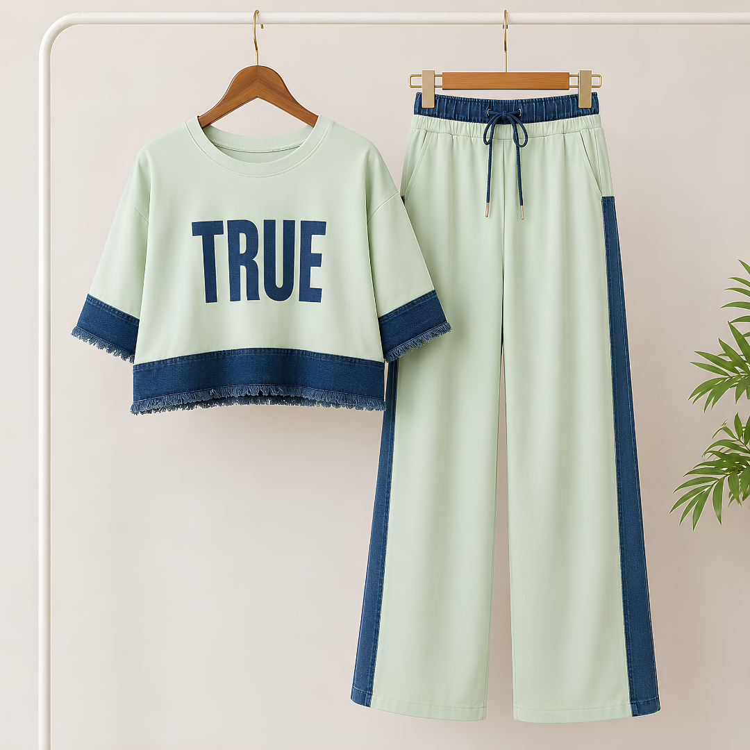 Women's Denim Patchwork 2-Piece Co-Ord Set | Premium Top & Straight-Leg Pants