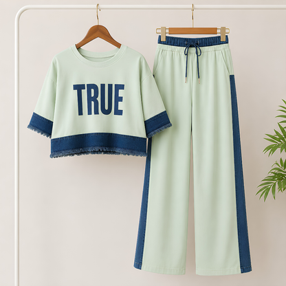 Women's Denim Patchwork 2-Piece Co-Ord Set | Premium Top & Straight-Leg Pants