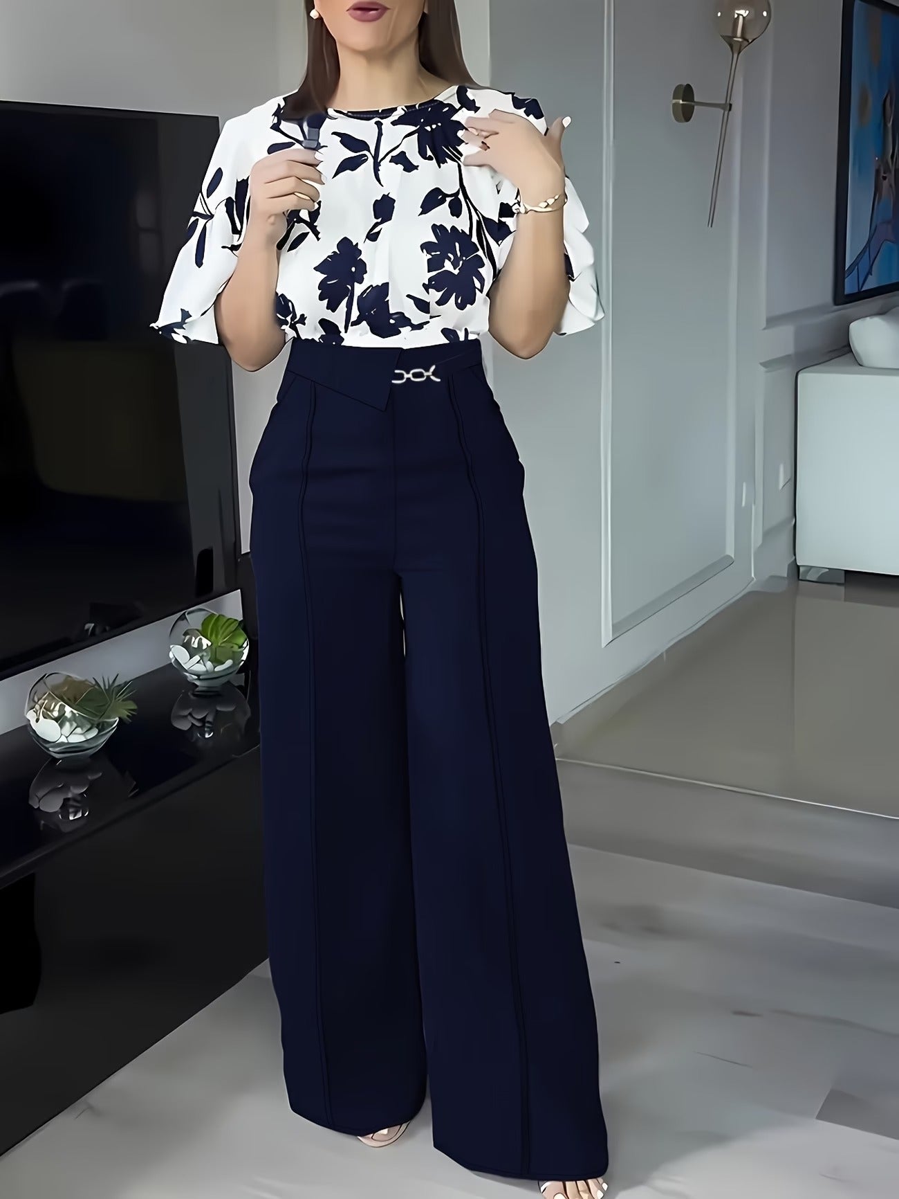 Women’s Printed Casual Shirt Two-Piece Commuter Set