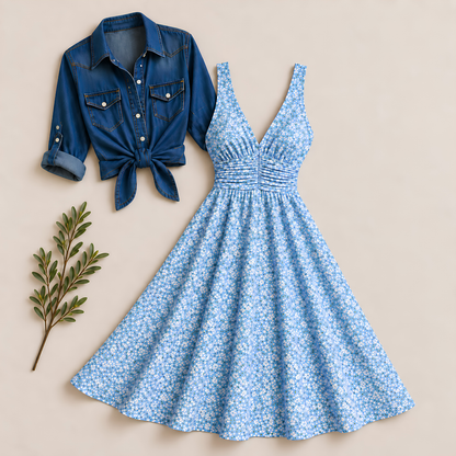 Women’s Printed Dress with Denim Shirt Set