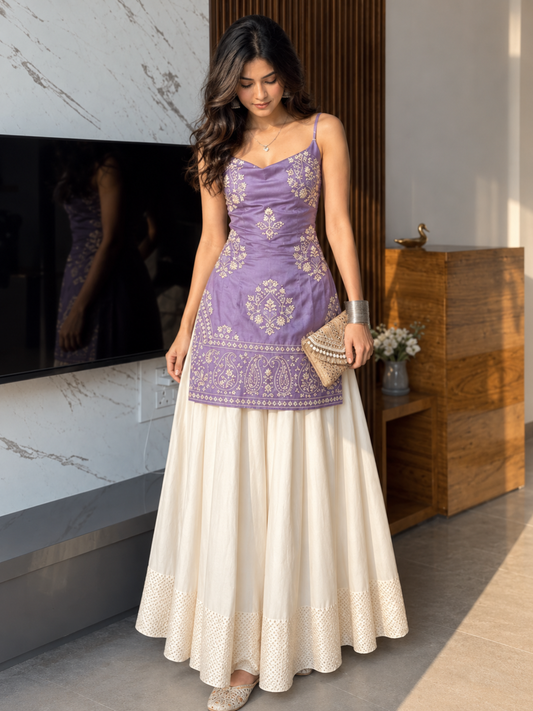 Women’s Embroidered Kurti & Flared Skirt Set