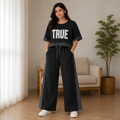 Women's Denim Patchwork 2-Piece Co-Ord Set | Premium Top & Straight-Leg Pants