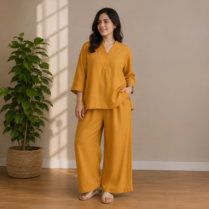 Elegant Black Kaftan Top & Wide-Leg Pants Set
