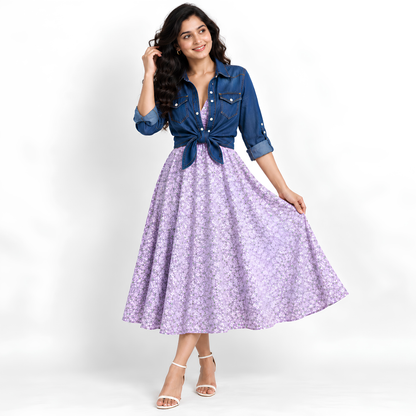 Women’s Printed Dress with Denim Shirt Set