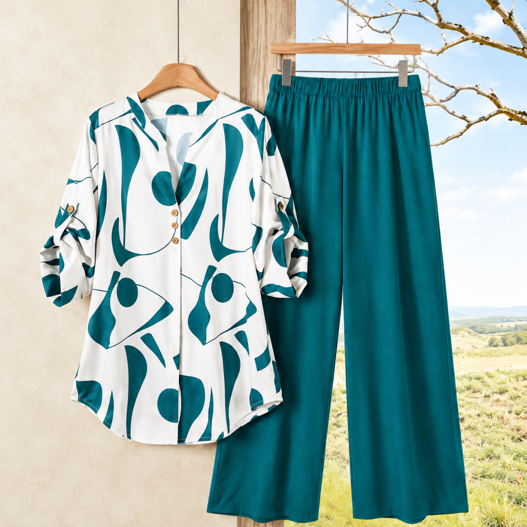 Elegant Abstract Print Shirt & Wide-Leg Pants Set