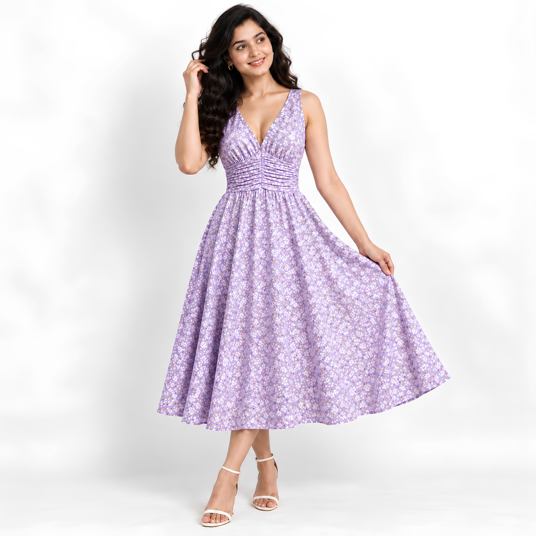 Women’s Printed Dress with Denim Shirt Set