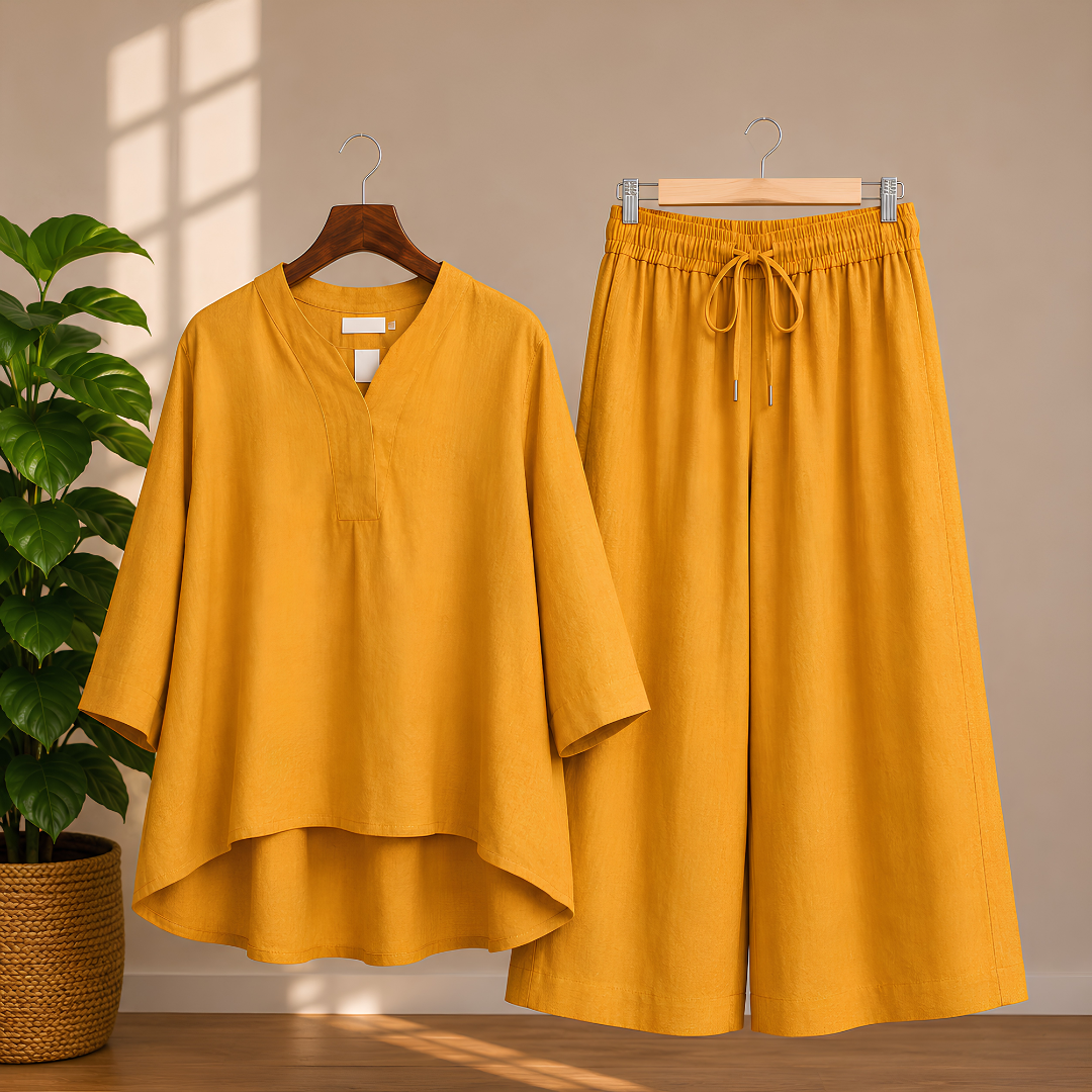 Elegant Black Kaftan Top & Wide-Leg Pants Set