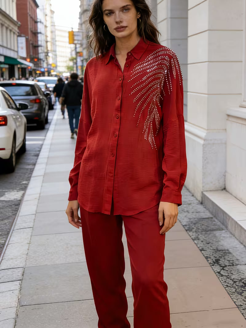 Women's Rhinestone Detail Shirt & Pants Set