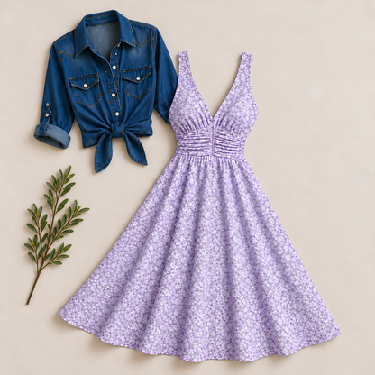 Women’s Printed Dress with Denim Shirt Set