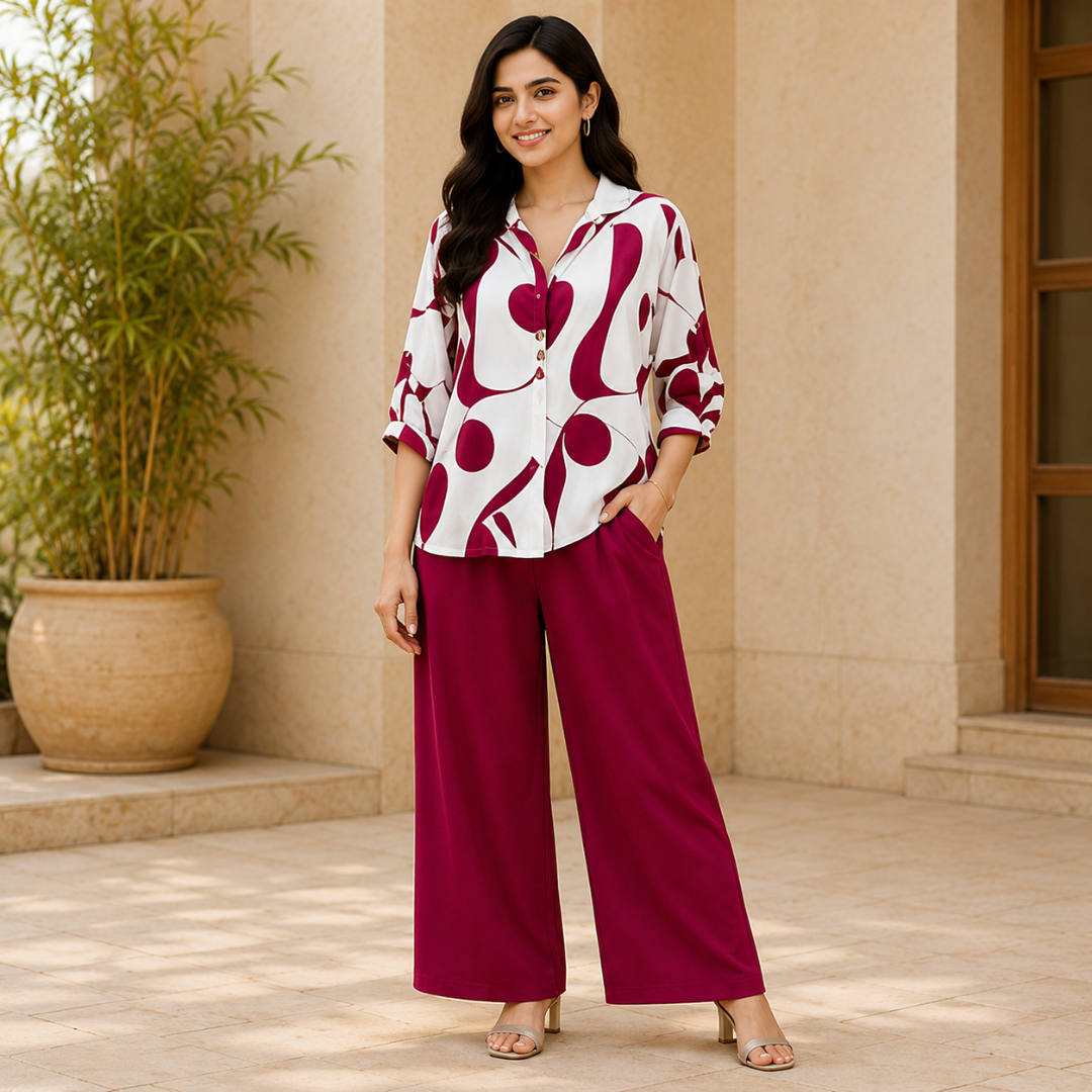 Elegant Abstract Print Shirt & Wide-Leg Pants Set