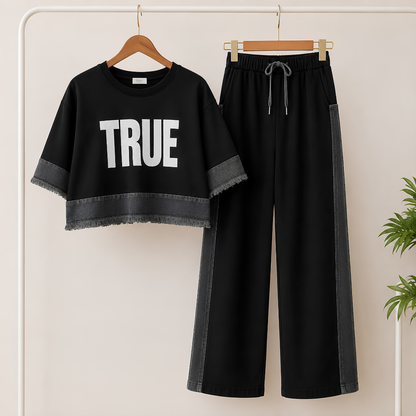 Women's Denim Patchwork 2-Piece Co-Ord Set | Premium Top & Straight-Leg Pants