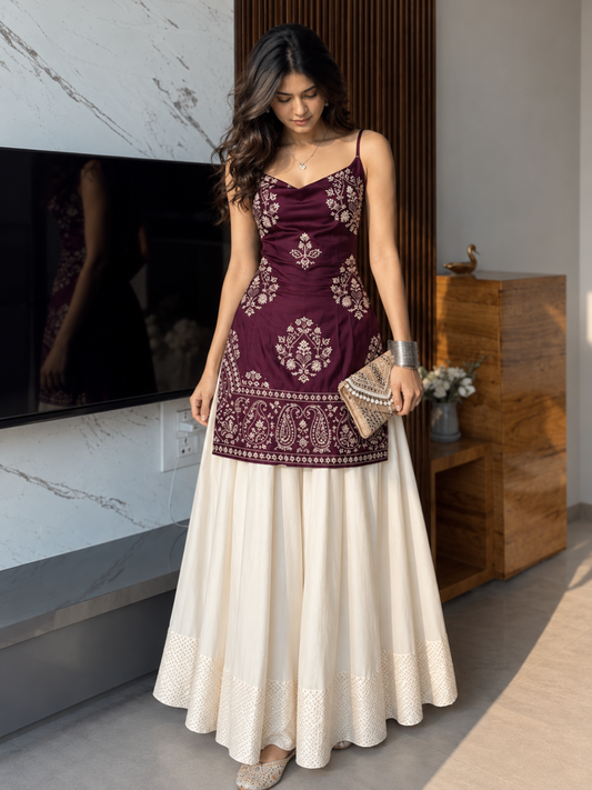 Women’s Embroidered Kurti & Flared Skirt Set