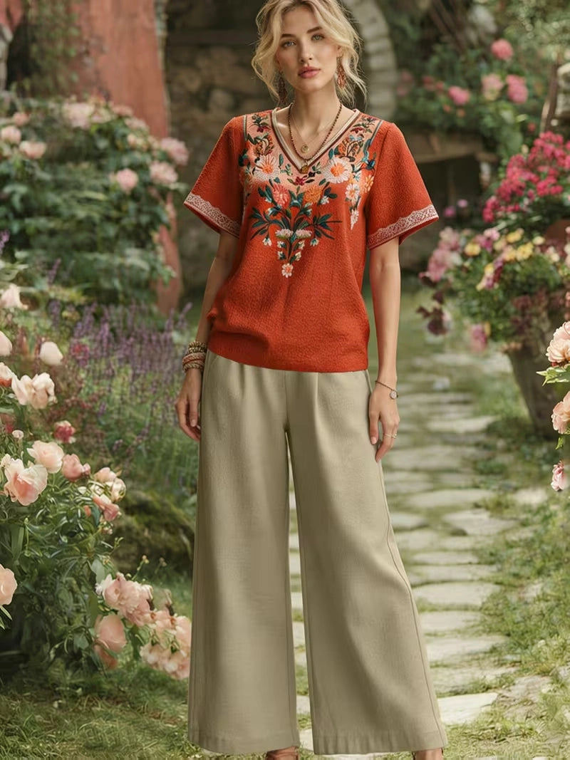 Women's Vintage Floral V-Neck Co-Ord Set with Relaxed Wide-Leg Pants