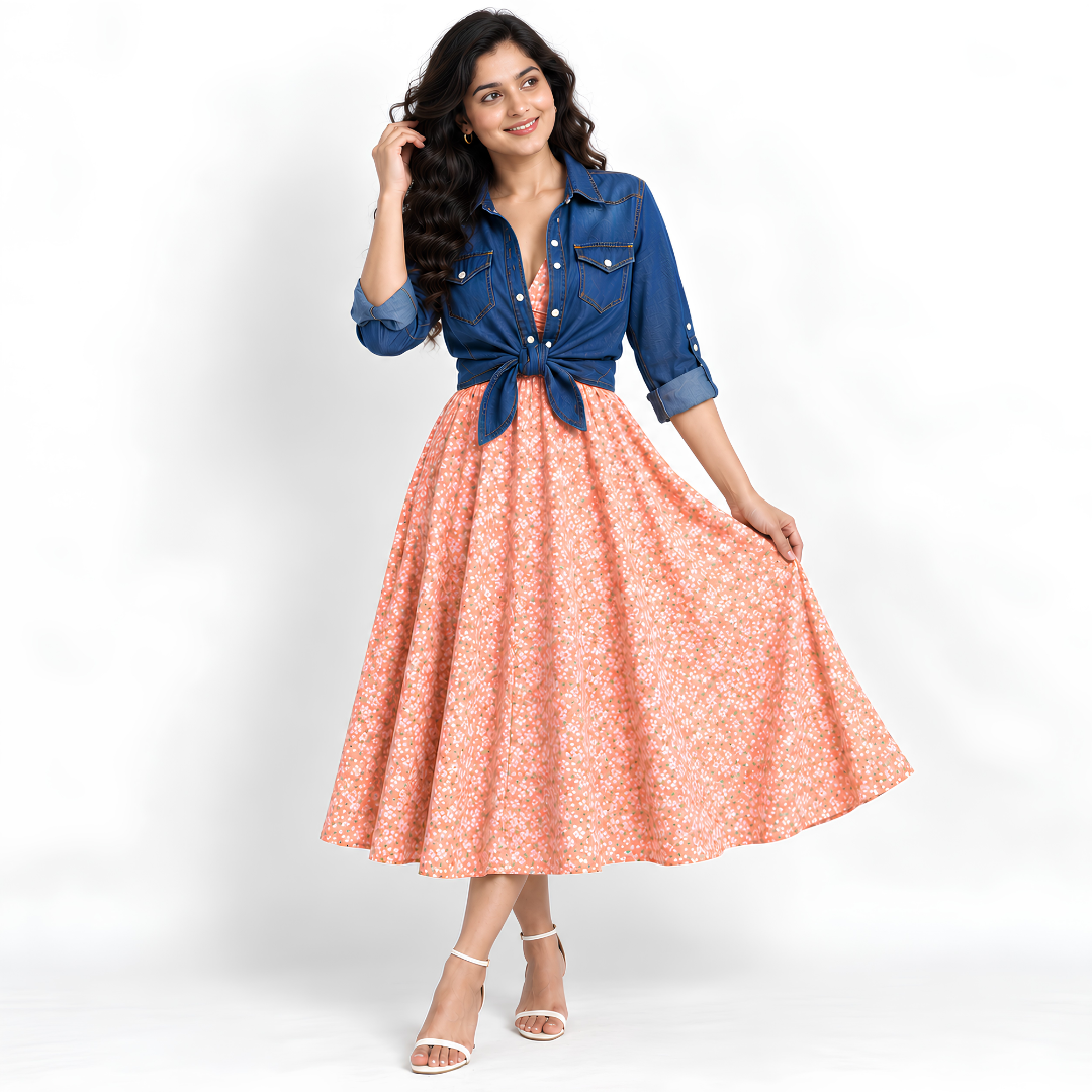 Women’s Printed Dress with Denim Shirt Set
