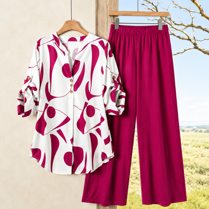 Elegant Abstract Print Shirt & Wide-Leg Pants Set