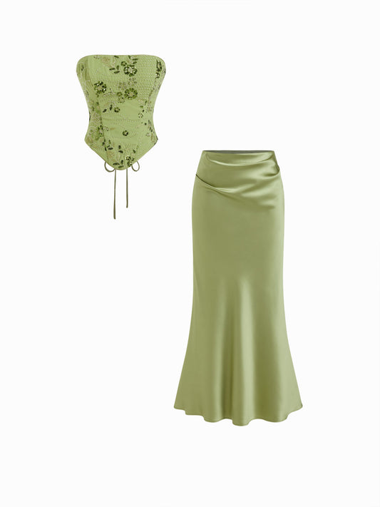 Floral Embellished Corset Top & Satin Mermaid Maxi Skirt Set