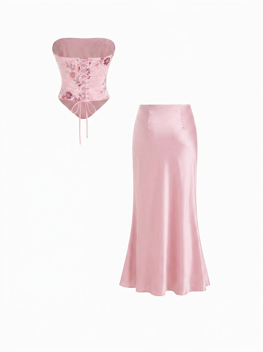 Floral Embellished Corset Top & Satin Mermaid Maxi Skirt Set