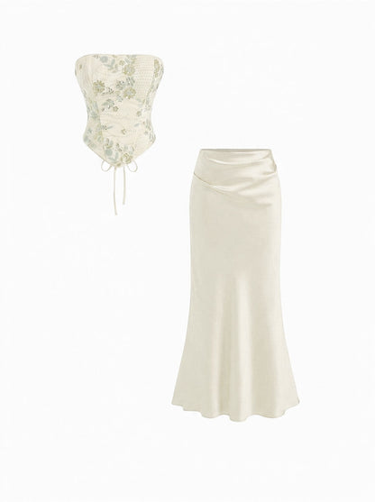 Floral Embellished Corset Top & Satin Mermaid Maxi Skirt Set