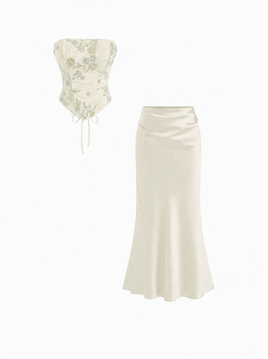Floral Embellished Corset Top & Satin Mermaid Maxi Skirt Set