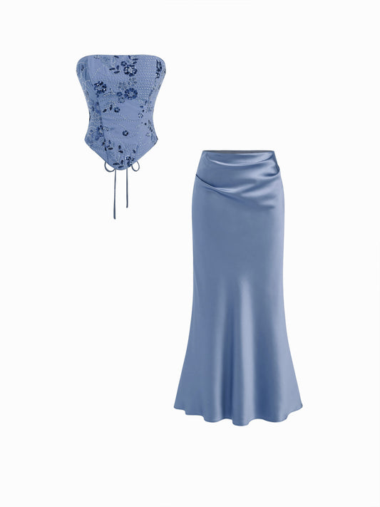 Floral Embellished Corset Top & Satin Mermaid Maxi Skirt Set