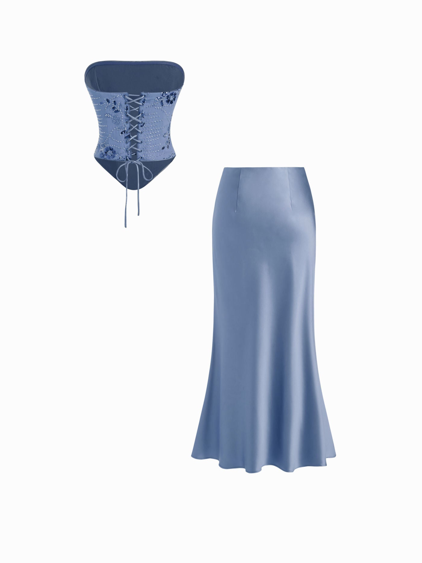 Floral Embellished Corset Top & Satin Mermaid Maxi Skirt Set