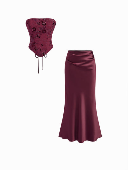 Floral Embellished Corset Top & Satin Mermaid Maxi Skirt Set