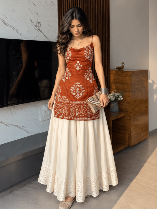 Women’s Embroidered Kurti & Flared Skirt Set