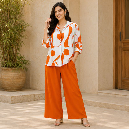 Elegant Abstract Print Shirt & Wide-Leg Pants Set