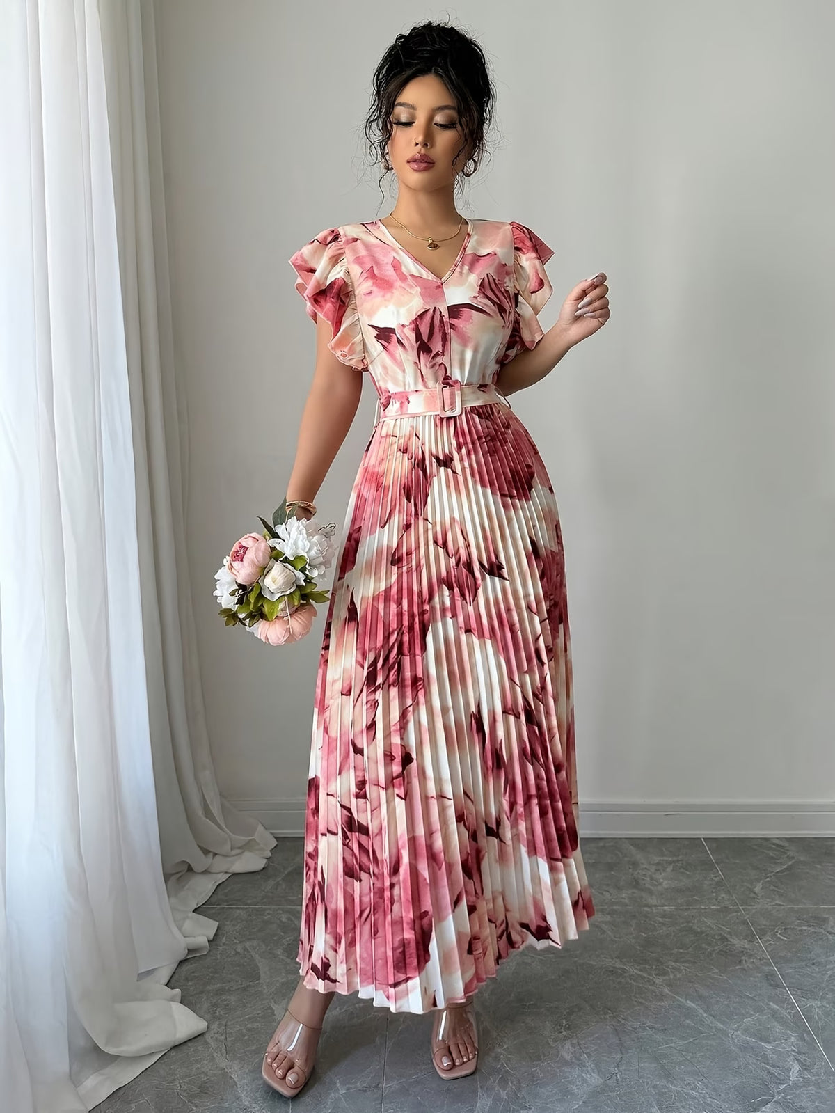 Women’s Floral Printed Pleated Maxi Dress
