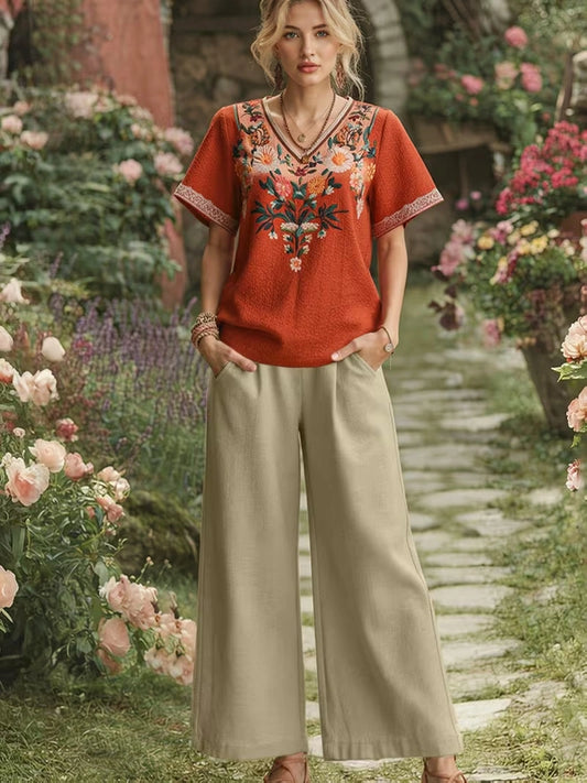 Women's Vintage Floral V-Neck Co-Ord Set with Relaxed Wide-Leg Pants
