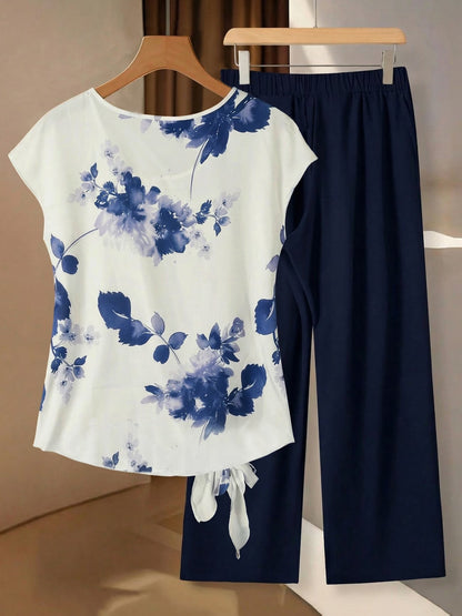 Women's Floral Print Tie-Front Shirt & Wide-Leg Pants Two-Piece Set