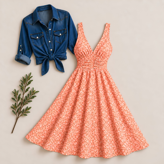 Women’s Printed Dress with Denim Shirt Set