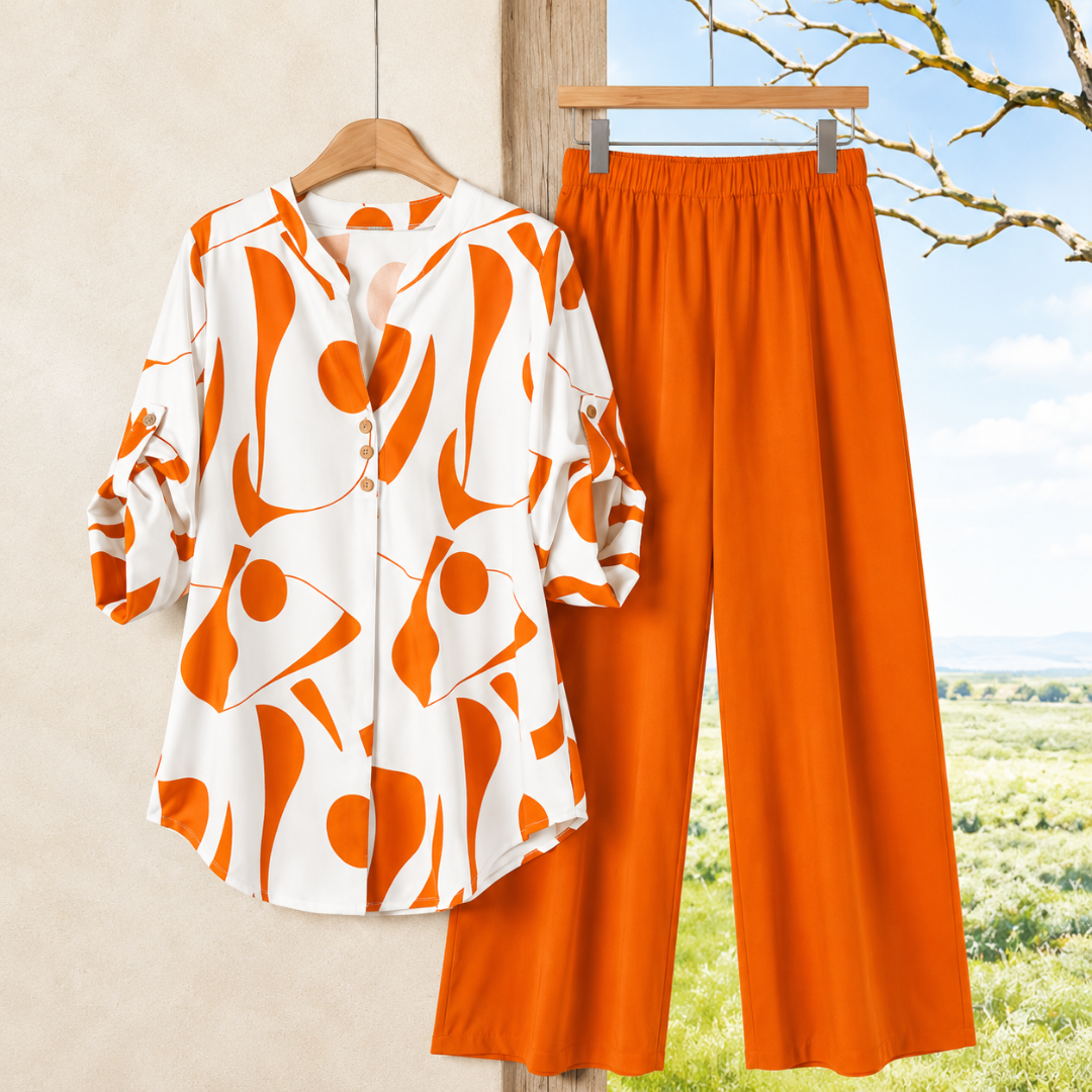 Elegant Abstract Print Shirt & Wide-Leg Pants Set