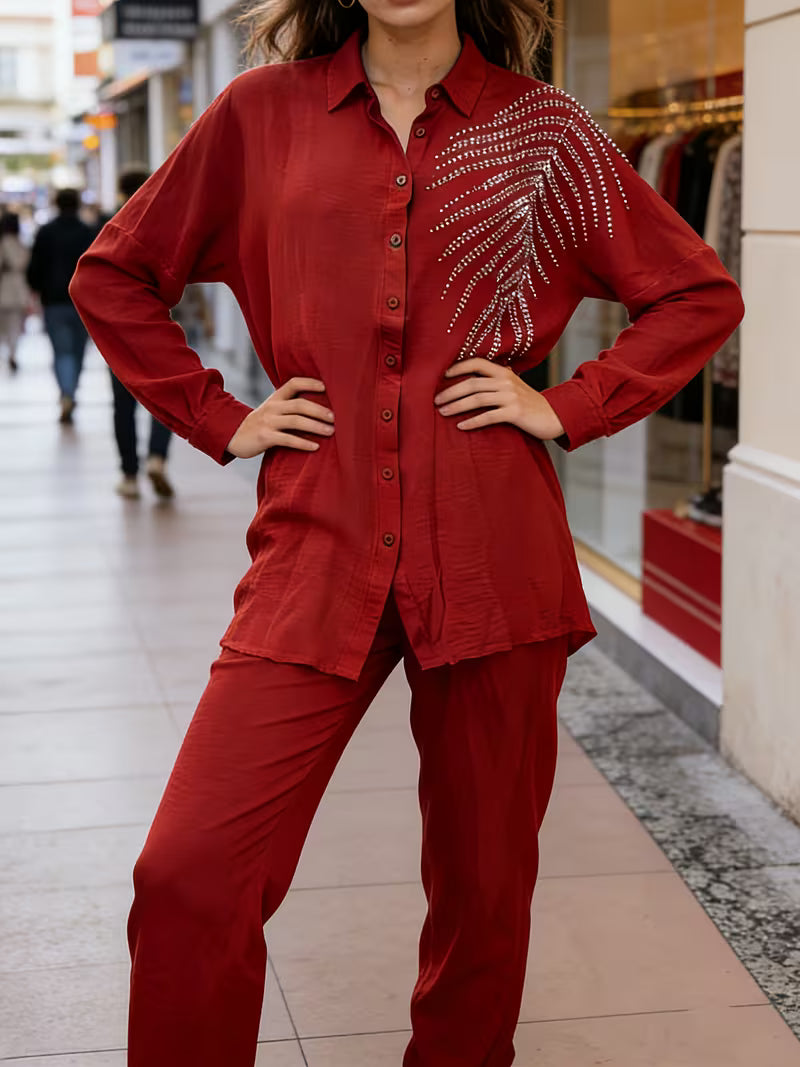 Women's Rhinestone Detail Shirt & Pants Set