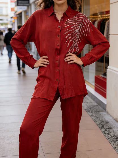 Women's Rhinestone Detail Shirt & Pants Set