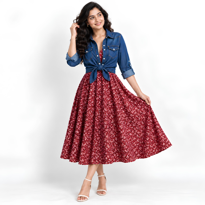 Women’s Printed Dress with Denim Shirt Set