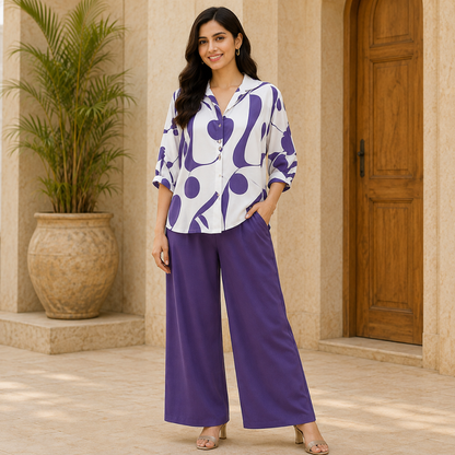 Elegant Abstract Print Shirt & Wide-Leg Pants Set