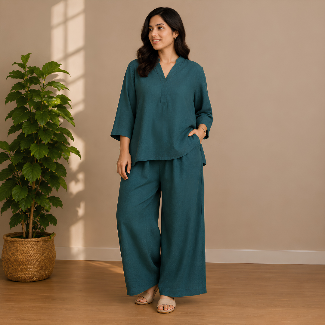 Elegant Black Kaftan Top & Wide-Leg Pants Set