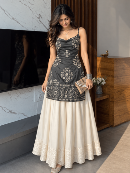 Women’s Embroidered Kurti & Flared Skirt Set