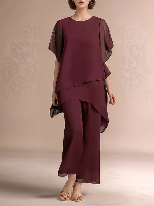 Women'S Chiffon Short Sleeve 2pcs Set Solid Color Irregular Elegant Party Fashion Suit