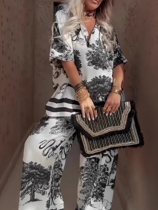 Stylish Oversized Printed Co-Ord Set – Relaxed Shirt & Wide-Leg Pants with Striped Hem for Women