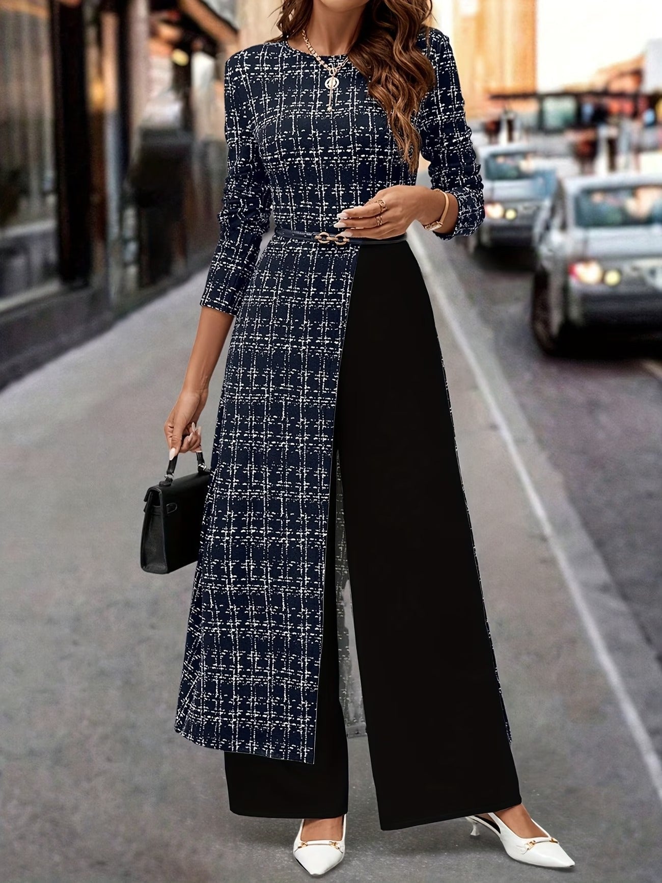 Chic Plaid Commuter Jumpsuit – Asymmetrical Design with Relaxed Straight-Leg Fit