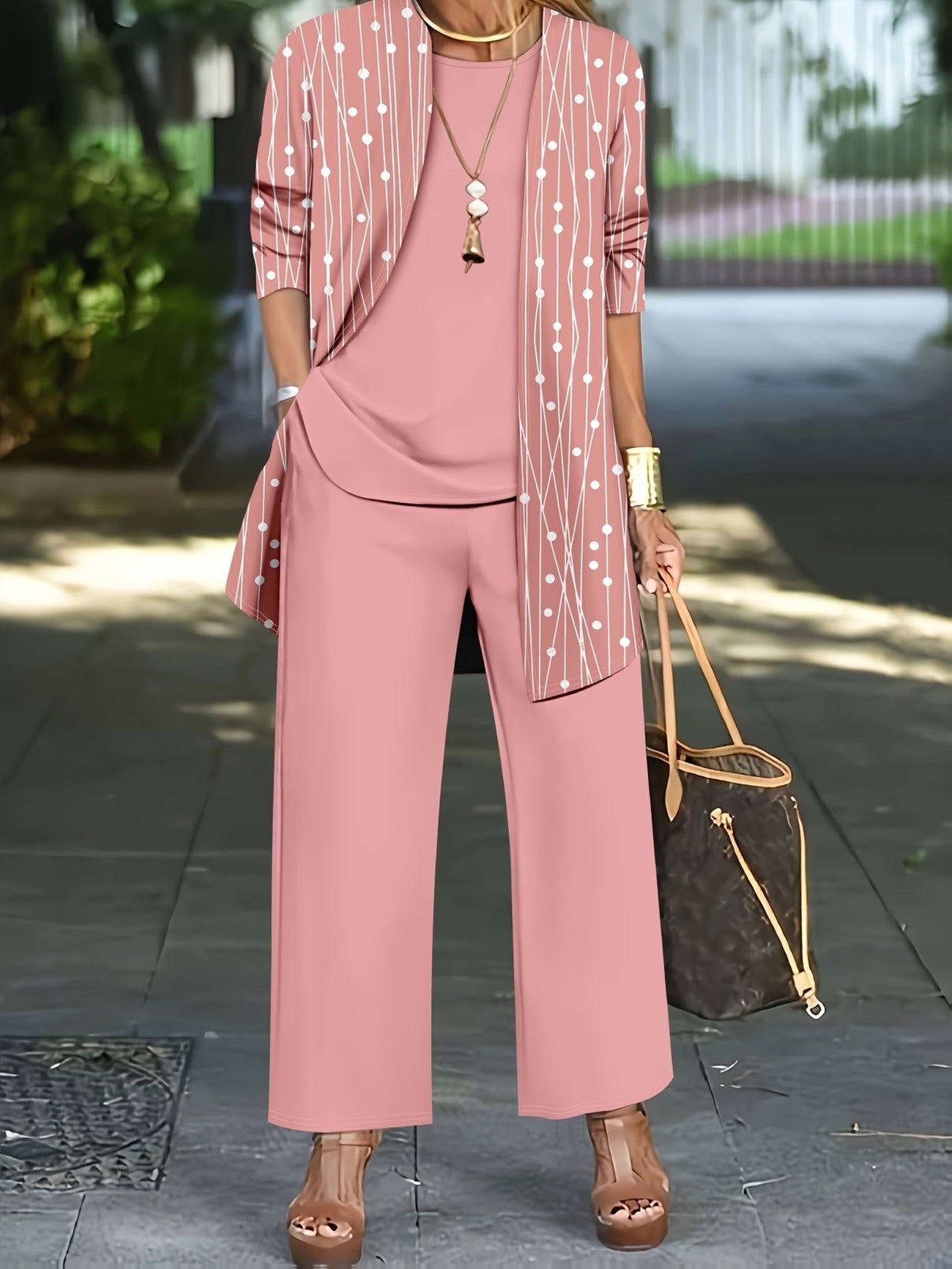 Elegant Polka Dot Cardigan Coat with Solid Suspender Top & Casual Trousers – Stylish 3-Piece Women’s Set