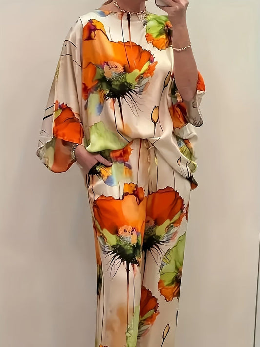 Plus Size Women’s Satin Floral Co-Ord Set – Round Neck Top with Elastic Waist Wide-Leg Pants | Elegant & Comfortable Two-Piece Outfit