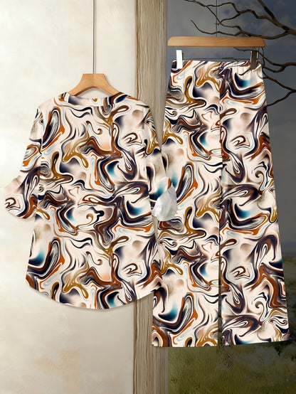 Women’s Floral Long-Sleeve Shirt with Printed Pants – Stylish Two-Piece Everyday Outfit (With Tie & Button Details)