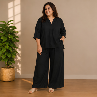 Elegant Black Kaftan Top & Wide-Leg Pants Set